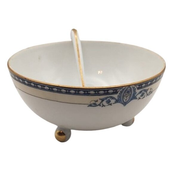 Noritake China Porcelain Azure Pattern 3-Footed Bowl & Ladle Spoon Japan 1930s - Picture 4 of 7